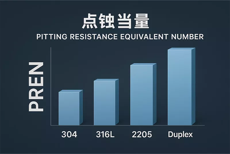 PREN 点蚀当量对比图（304 _ 316L _ 2205 _ 2507）