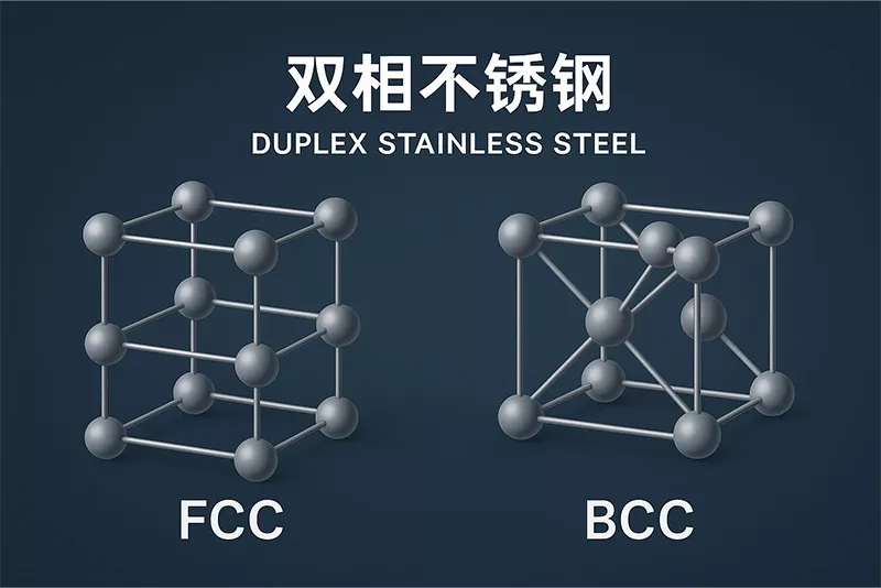 双相不锈钢晶体结构示意图（FCC + BCC 混合）