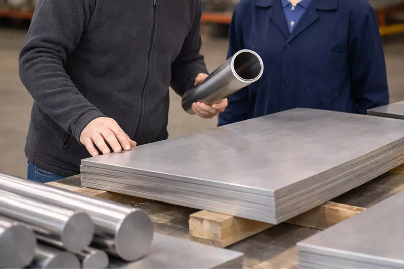 客户在工厂仓库查看沉淀硬化不锈钢材料