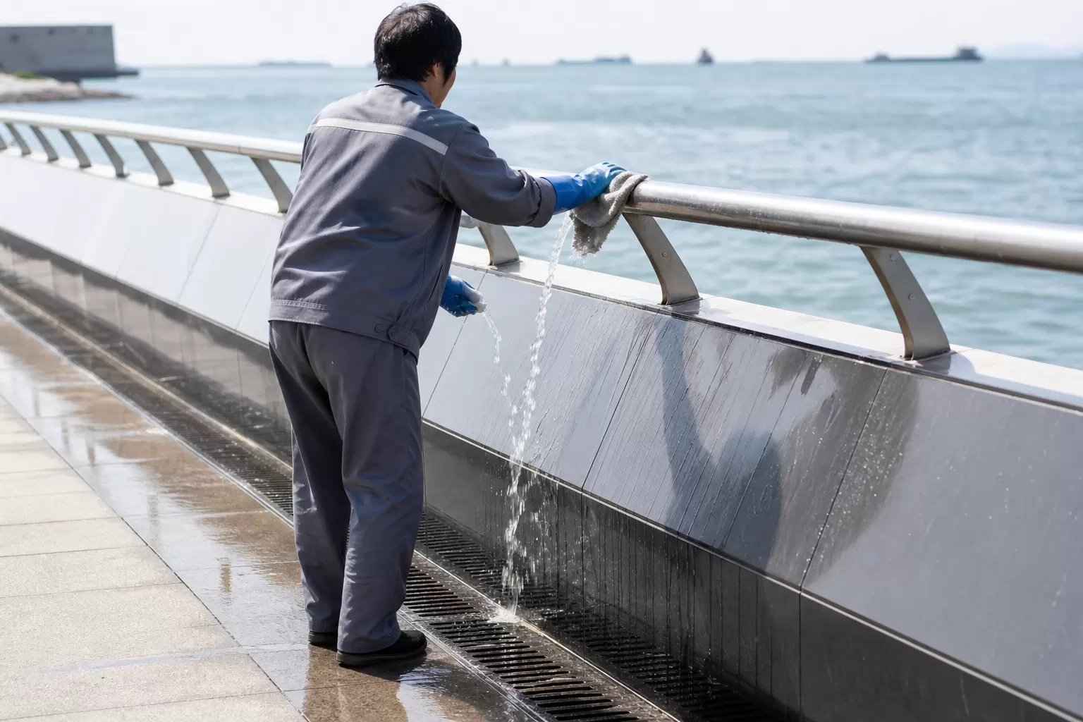 维护人员用淡水清洗近海316L不锈钢栏杆