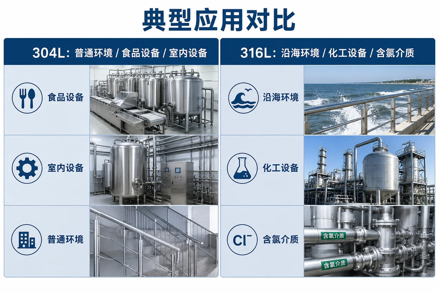 316L与304L不锈钢典型应用领域对比