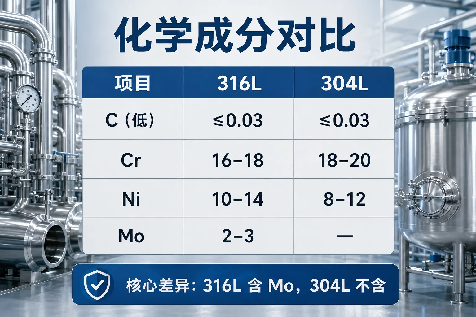 316L与304L不锈钢化学成分和钼元素差异对比