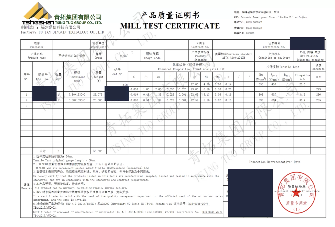 已脱敏的2205双相不锈钢产品质量证明书公开示例